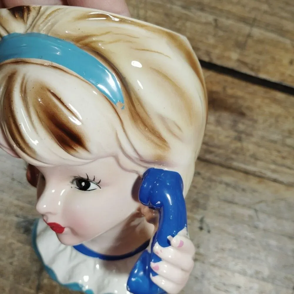 Vintage Lady Head Vase Teenager Inarco E-3548 Telephone Planter Retro Japan
